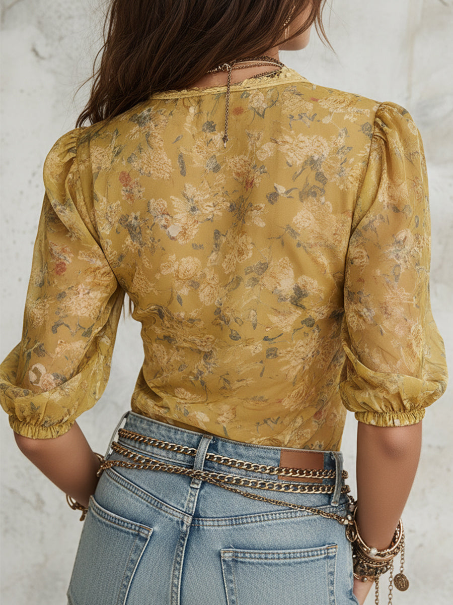 Bohemian Floral Print Chiffon Blouse With Lace Trim