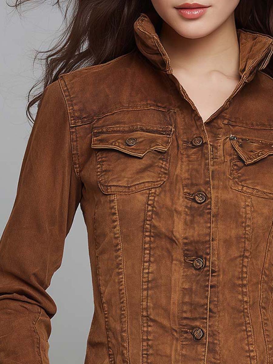 Classic Retro Washed Cocoa Brown Fitted Utility Jacket