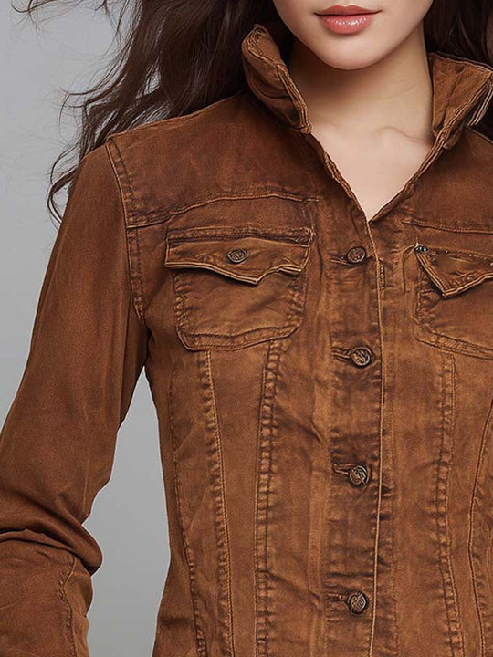 Classic Retro Washed Cocoa Brown Fitted Utility Jacket