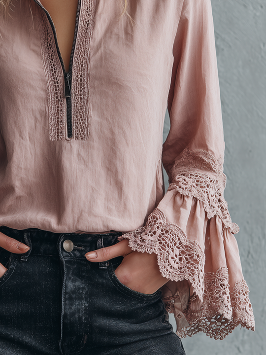 Vintage Zipper Collar Lace Cuffs Long Sleeve Blouse
