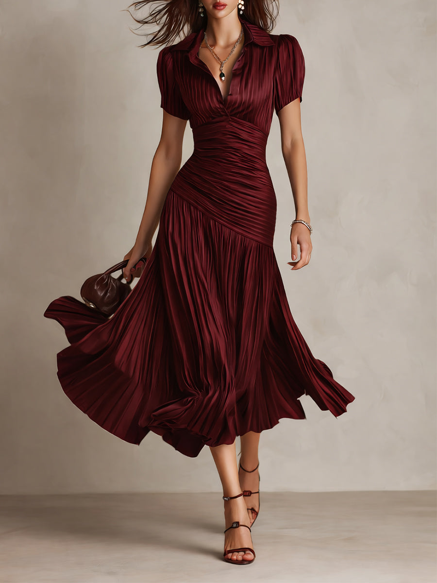 Retro Striped Satin Pleated Bodycon Midi Dress