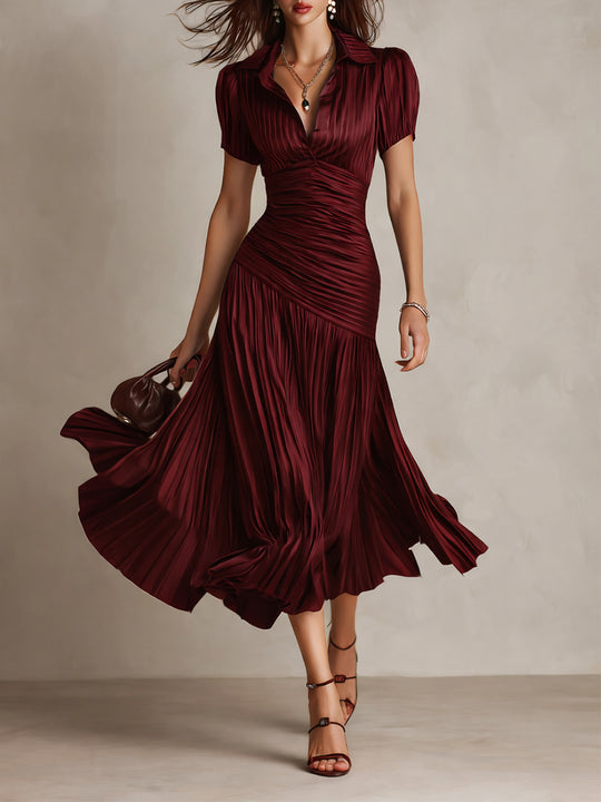 Retro Striped Satin Pleated Bodycon Midi Dress