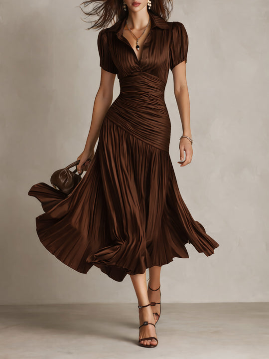 Retro Striped Satin Pleated Bodycon Midi Dress