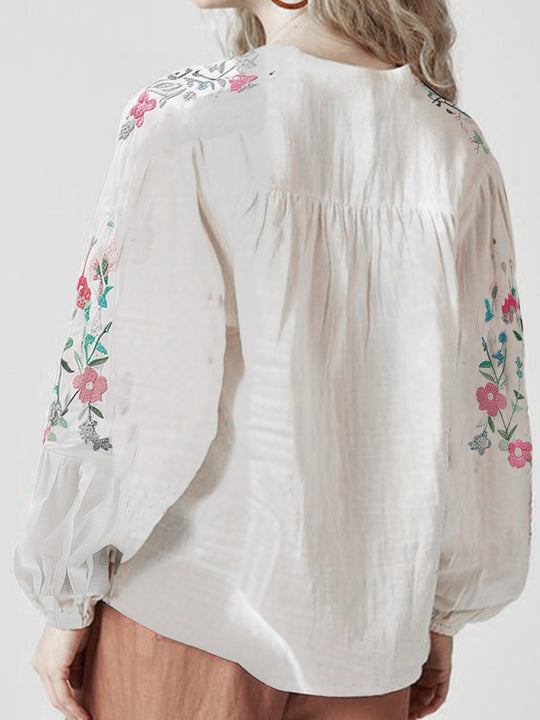 Cotton and Linen Floral Embroidery Long Sleeve Shirt