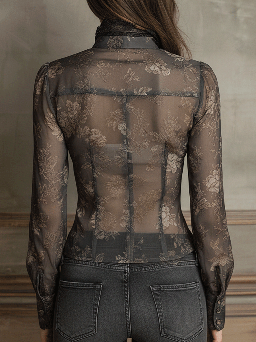 Vintage Boho Elegance Black Sheer Lace Trim Fitted Blouse