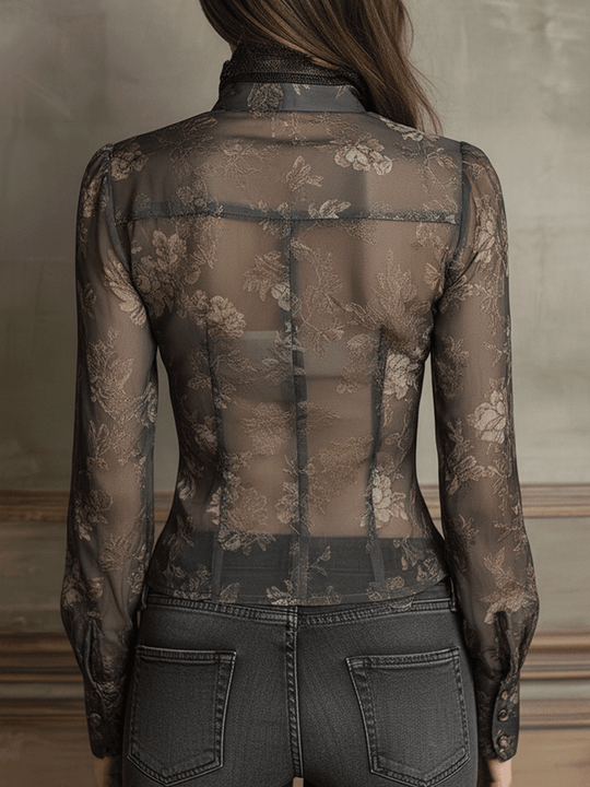 Vintage Boho Elegance Black Sheer Lace Trim Fitted Blouse