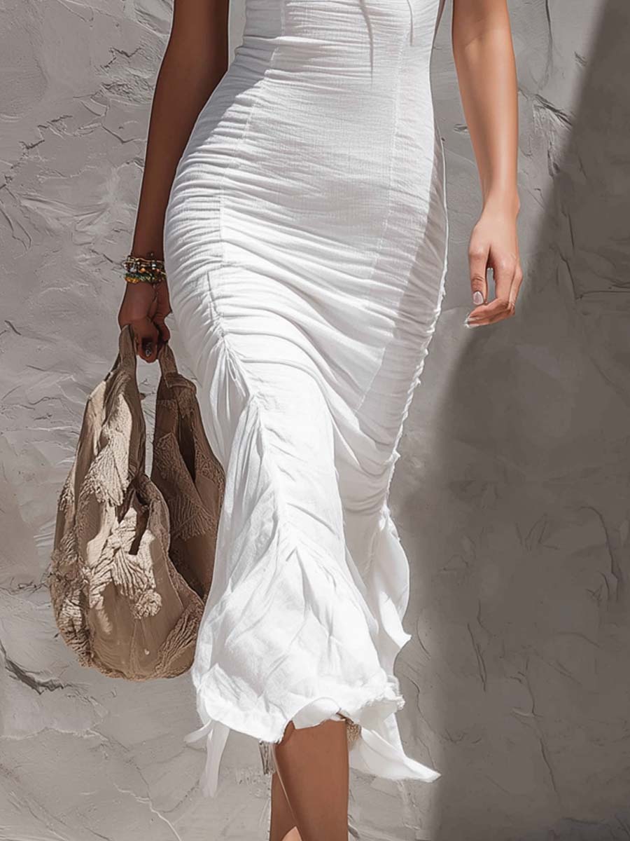 Retro Cold-shoulder Cotton Line Midi Dress