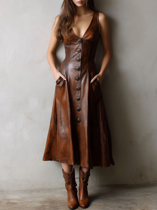 Vintage Cognac Brown Button-Front A-Line Eco Leather Midi Dress
