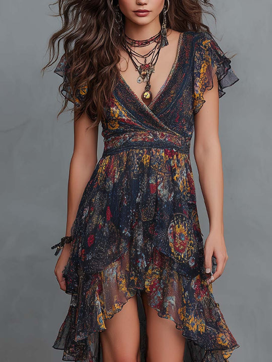 Retro Ethnic Print Chiffon Midi Dress