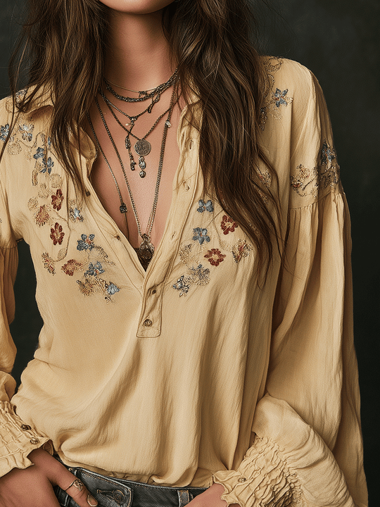 Casual Yellow Floral Embroidered Cotton Shirt