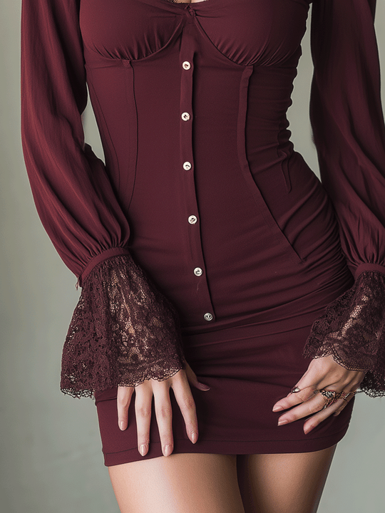 Romantic Burgundy Lace-Trim Sculpted Mini Dress