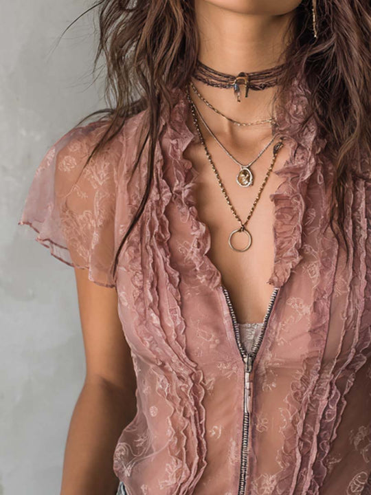 Retro Zipper Collar Ruffle Neck Chiffon Sheer Blouse