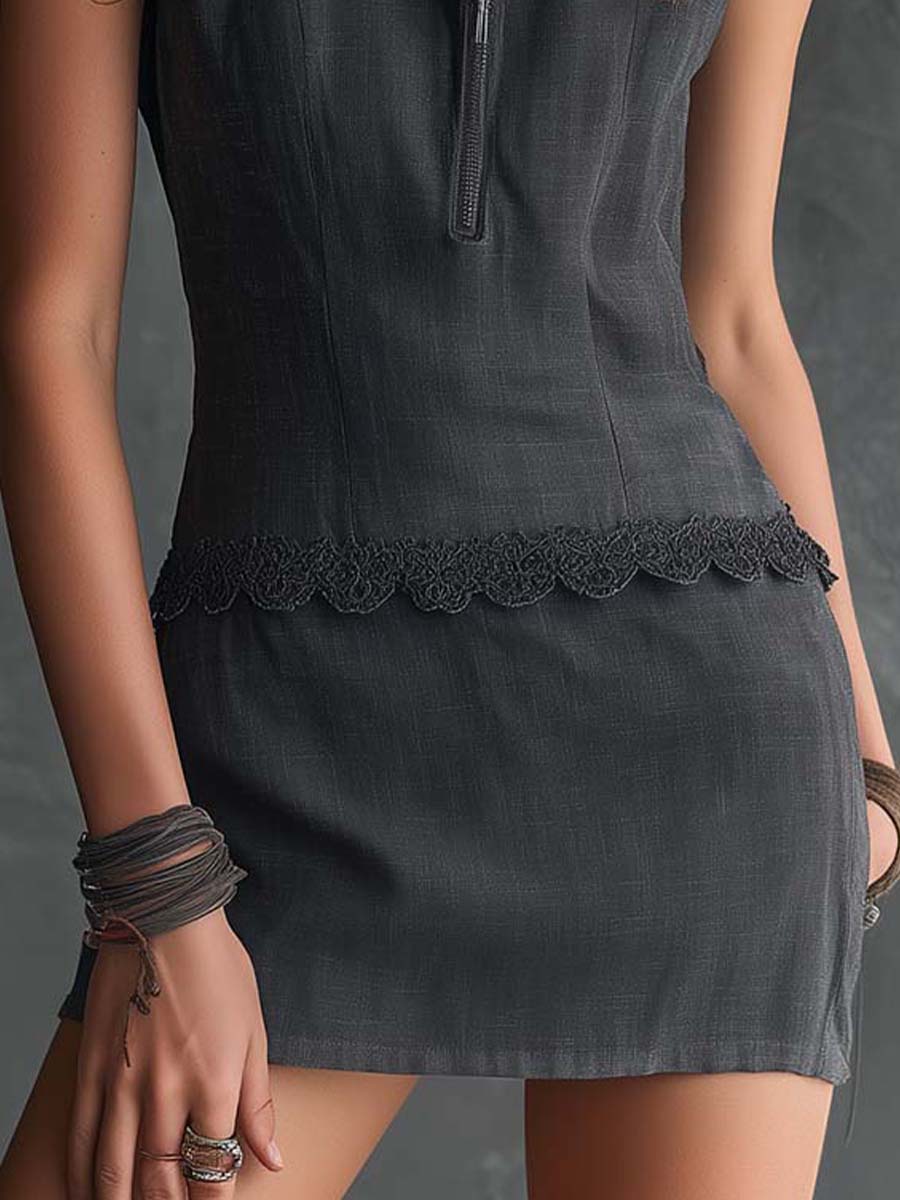 Boho Vintage Zip-Neck Sleeveless Mini Dress In Charcoal Grey