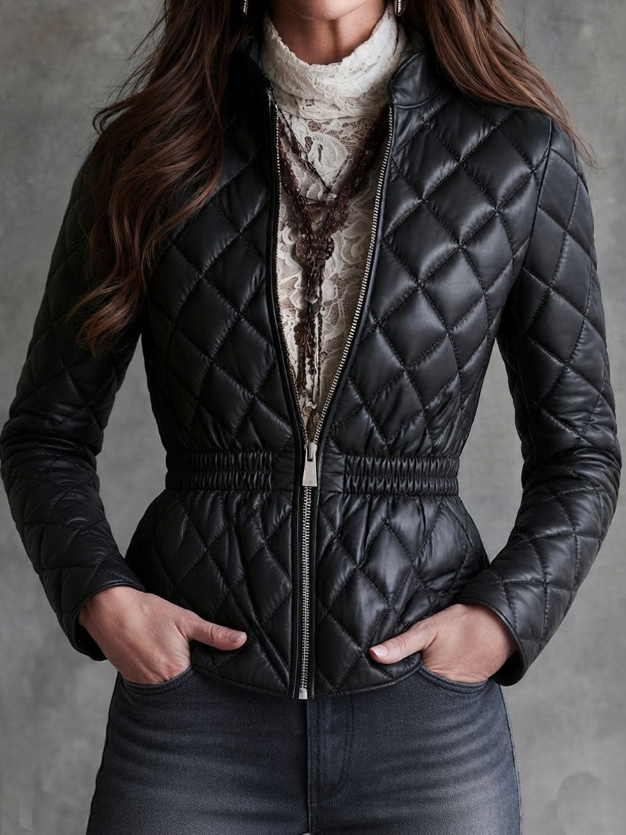 Quiet Luxury Stand Collar Diamond Quilted Faux Leather Jacket With Elastic Waist