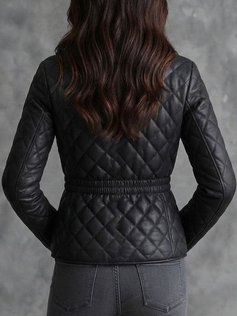 Quiet Luxury Stand Collar Diamond Quilted Faux Leather Jacket With Elastic Waist