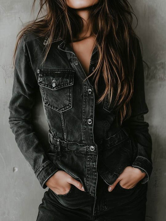 Retro Washed Black Denim Utility Jacket