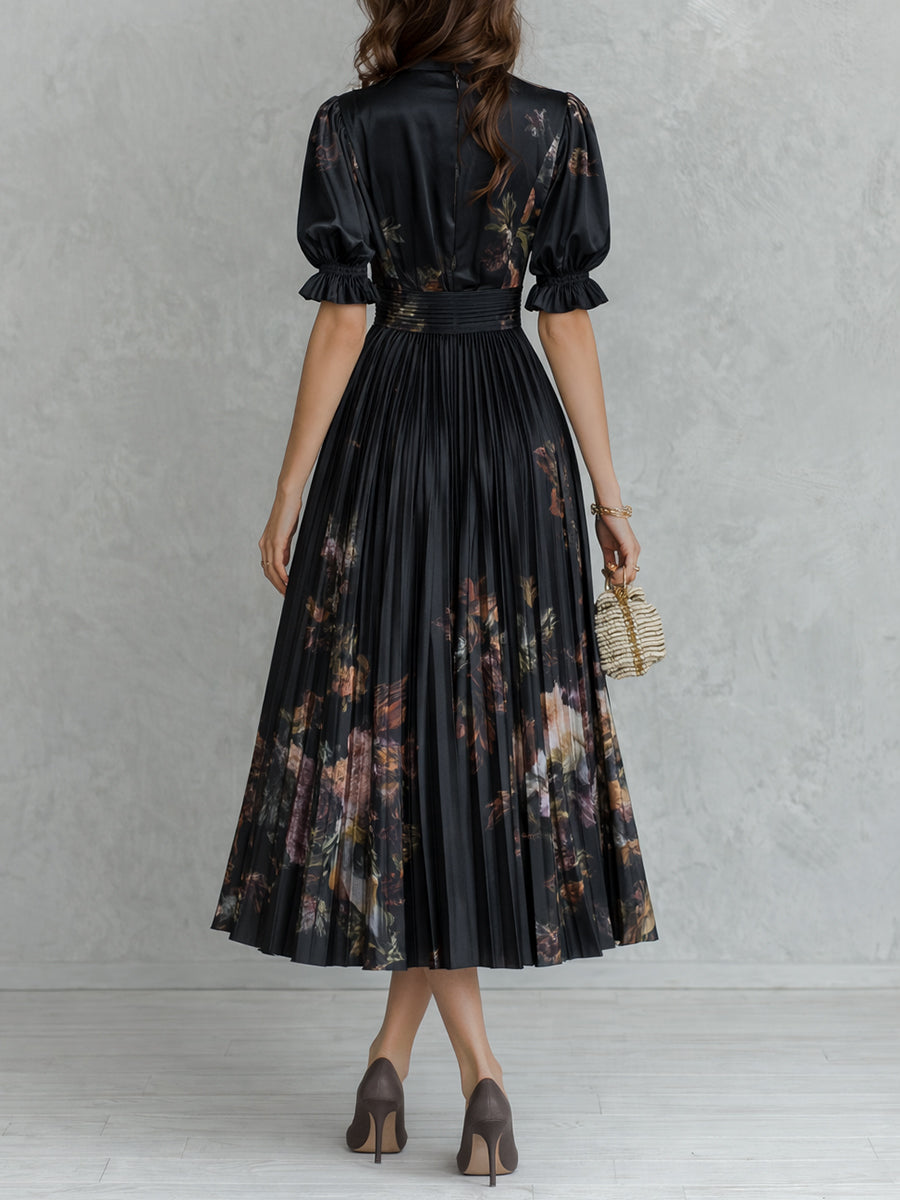 Retro Floral Print Keyhole Collar Pleated Satin Maxi Dress