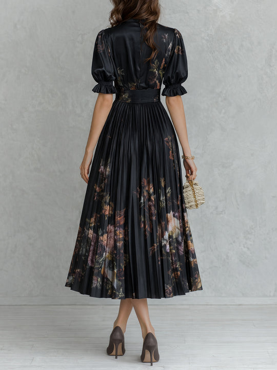 Retro Floral Print Keyhole Collar Pleated Satin Maxi Dress