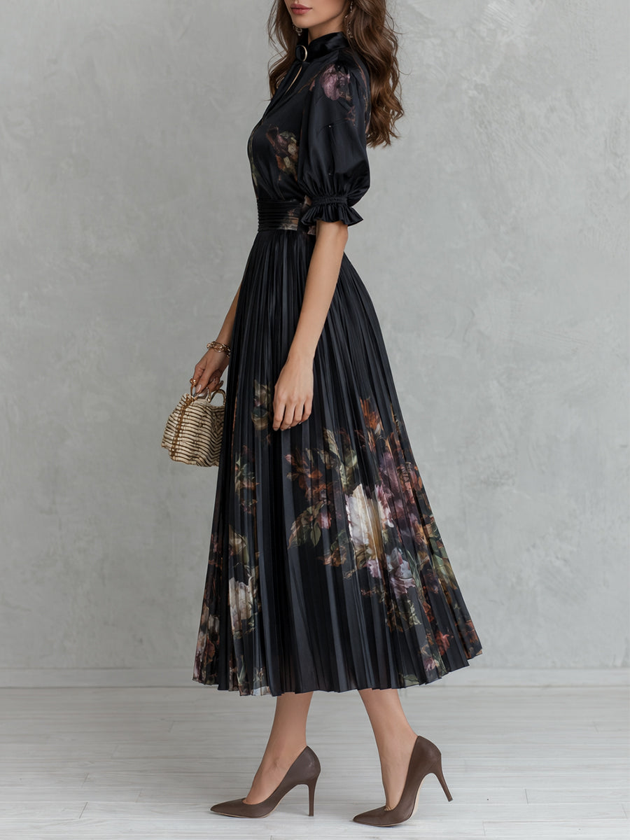 Retro Floral Print Keyhole Collar Pleated Satin Maxi Dress