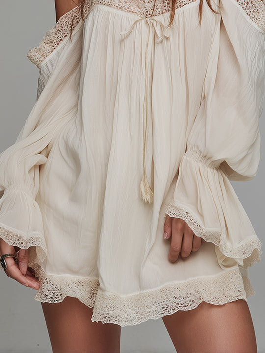 Bohemian Holiday Off-the-shoulder Lace Patchwork Chiffon Mini Dress