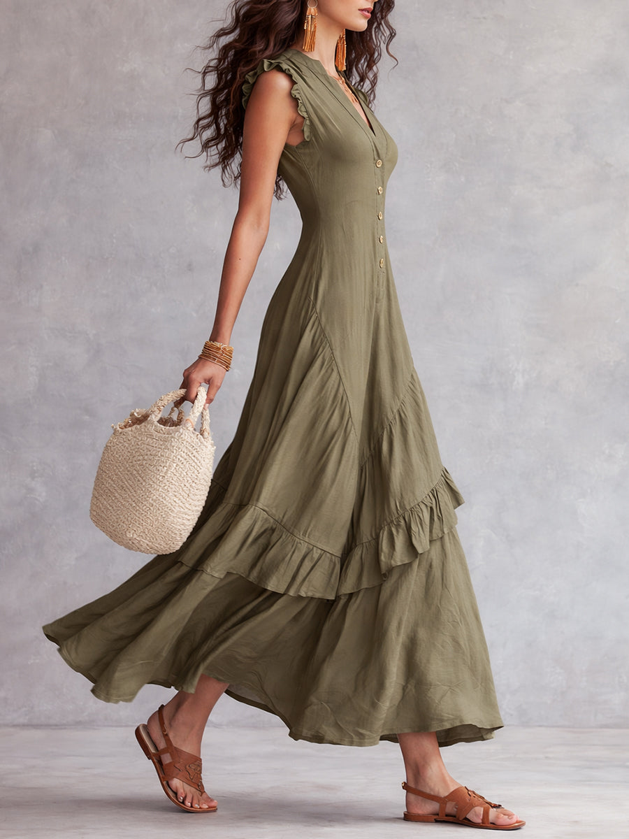 Retro V-neck Button Design Ruffled Hem Maxi Dress