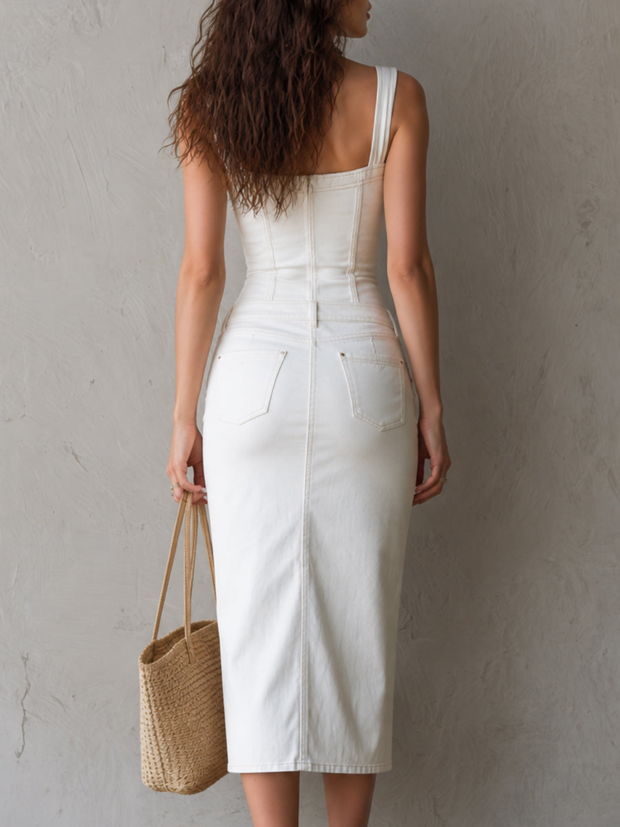 Understated-luxe Square-neck Button-detail Slim-fit Midi Dress
