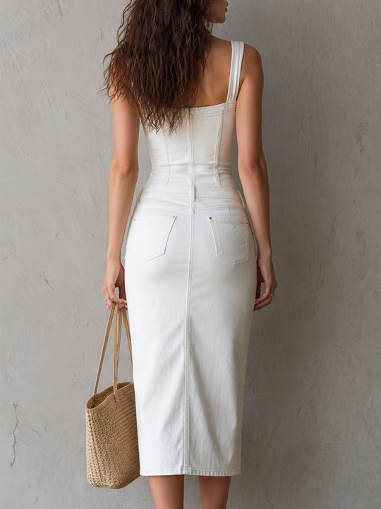 Understated-luxe Square-neck Button-detail Slim-fit Midi Dress