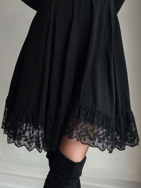 Elegant Black Lace-Trim Long Sleeve Fit-and-Flare Wrap Dress