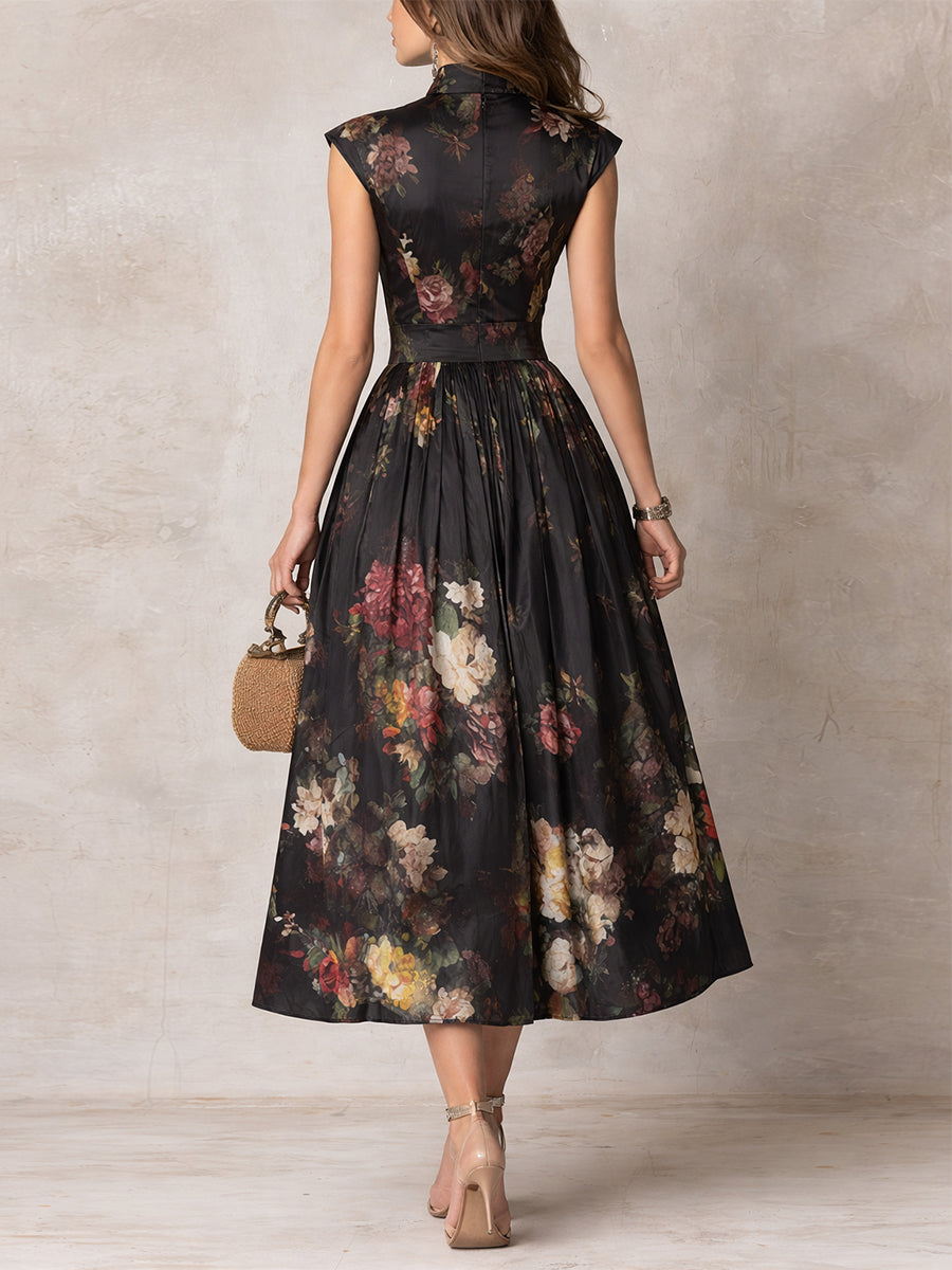 Elegant Keyhole Collar Pleated Satin Midi Dress