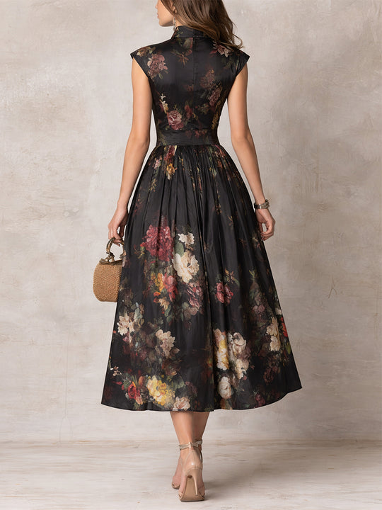 Elegant Keyhole Collar Pleated Satin Midi Dress