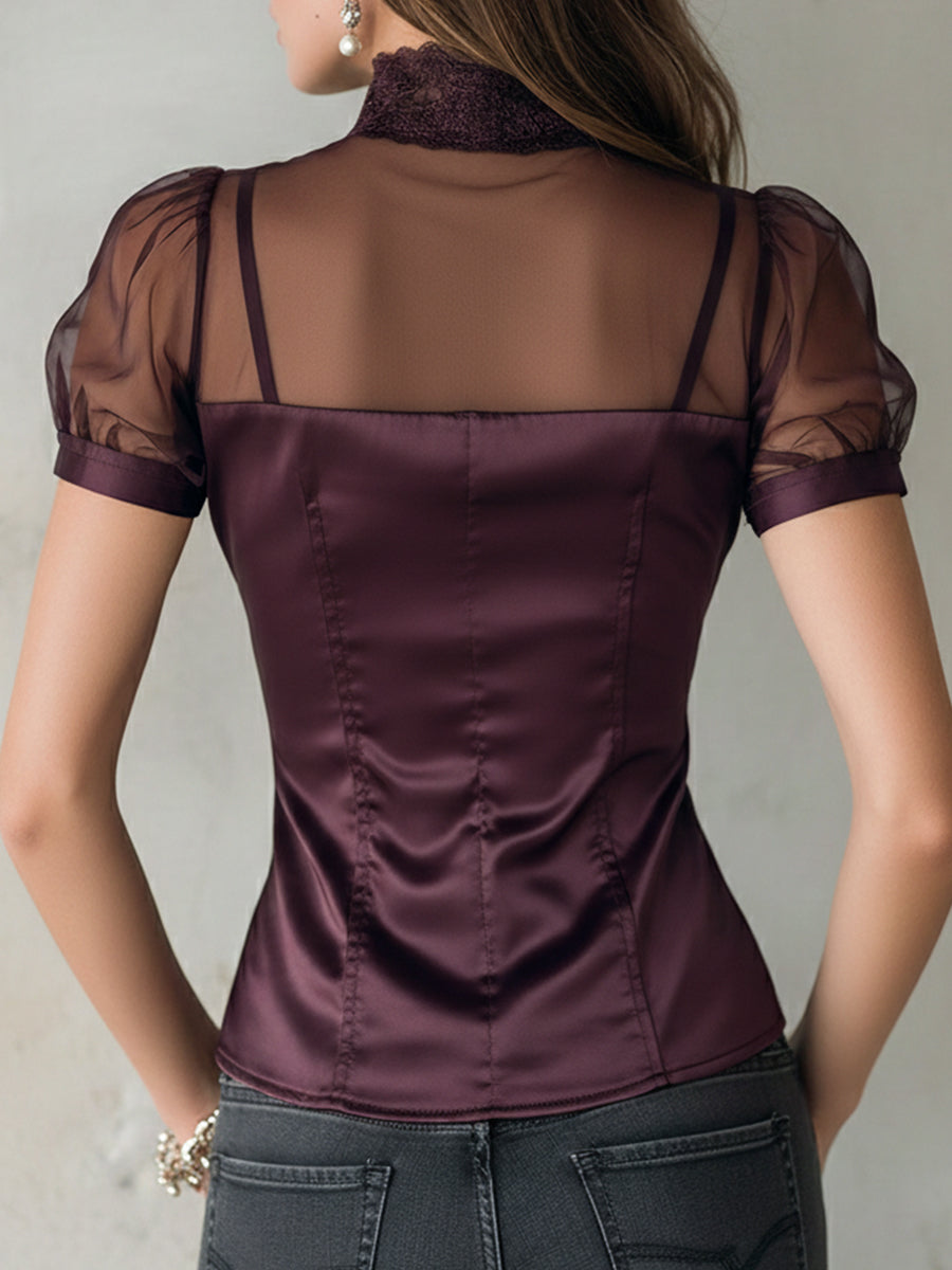 Elegant Keyhole Collar Satin Short Sleeve Blouse