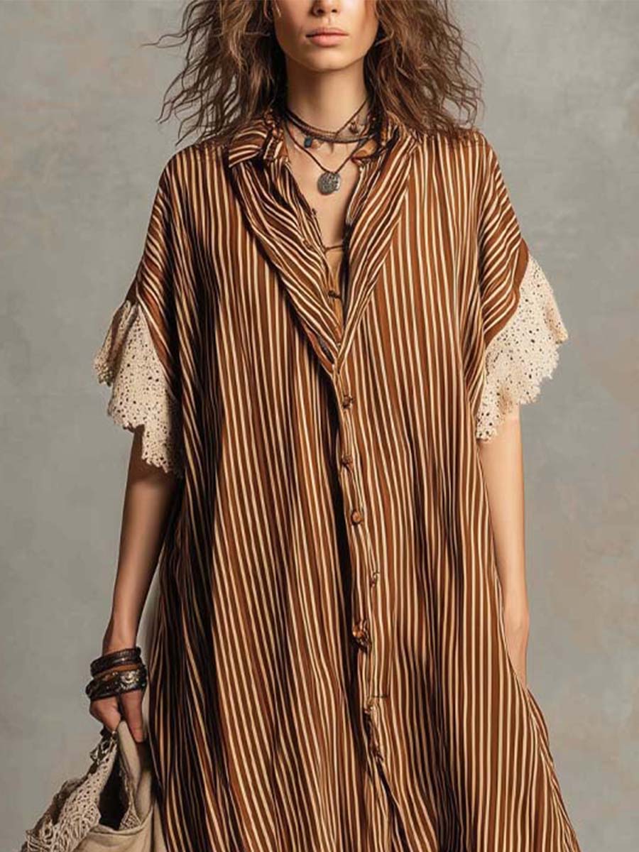 Bohemian Casual Striped Midi Dress With Linen Patchwork Hem.