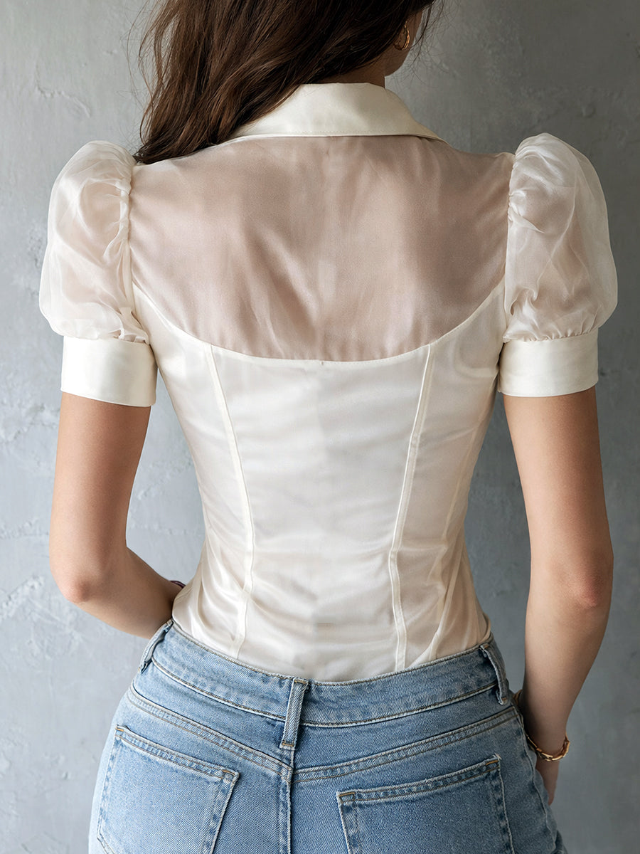 Retro Satin Puff Short Sleeve Blouse