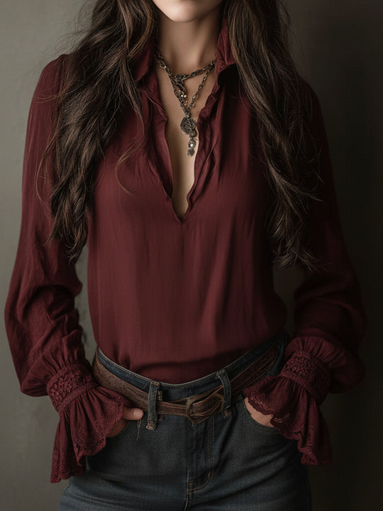 Boho V-Neck Deep Wine Red Blouse With Lace Cuffs