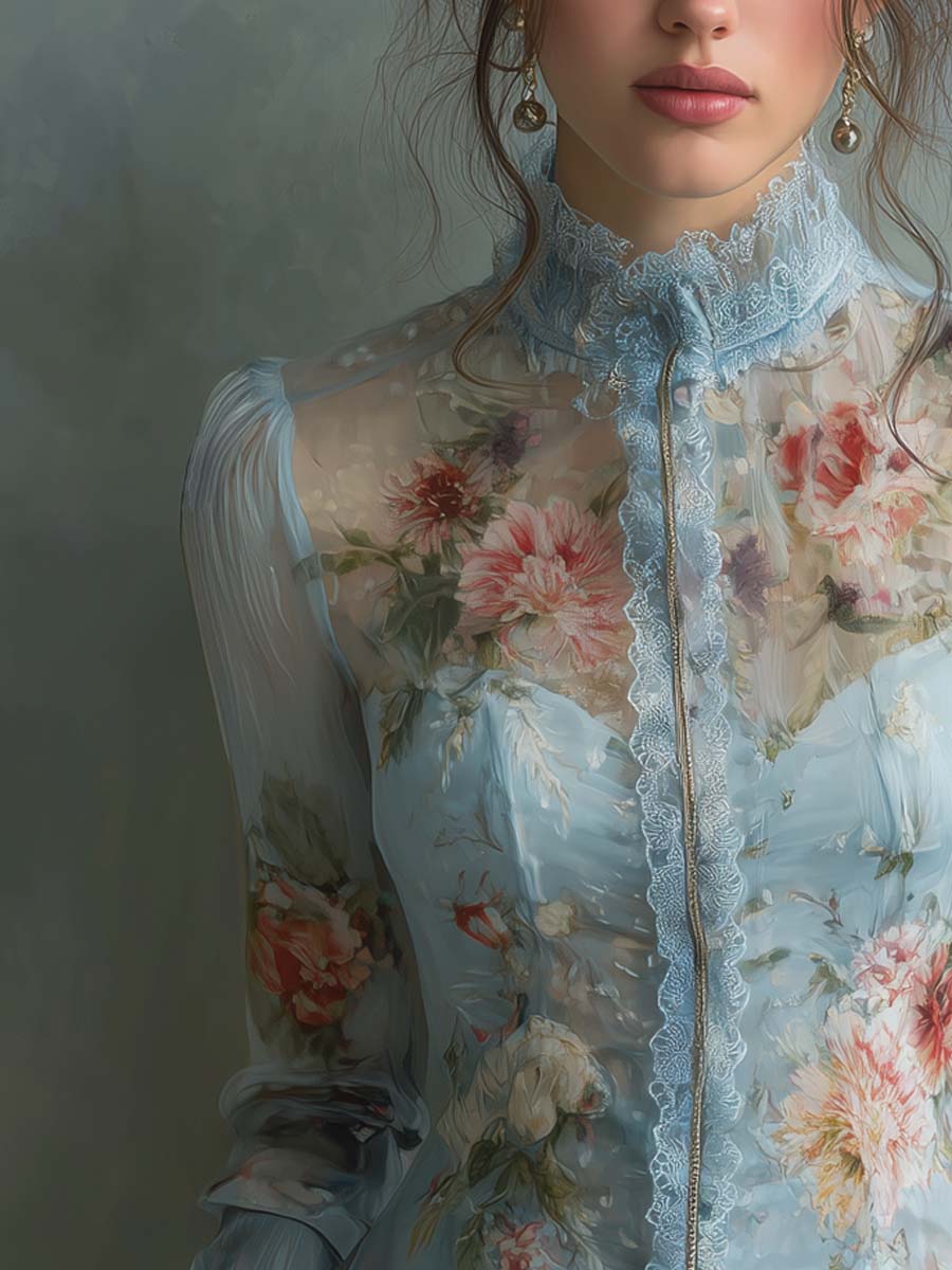 Vintage Oil Painting Floral Print Lace Blouse