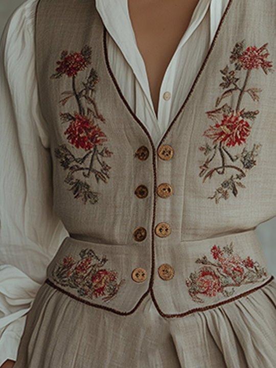 Casual Floral Embroidered Linen Waistcoat