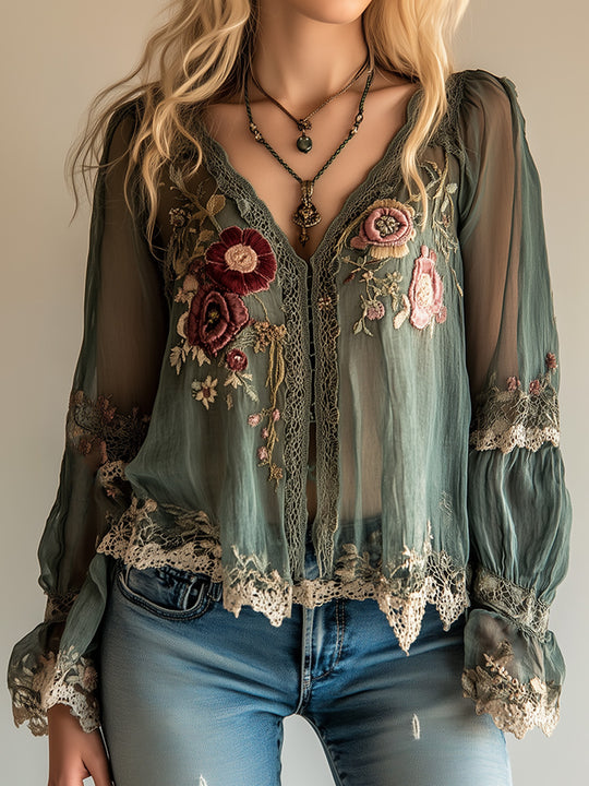 Bohemian Vintage Green Embroidered Shirt