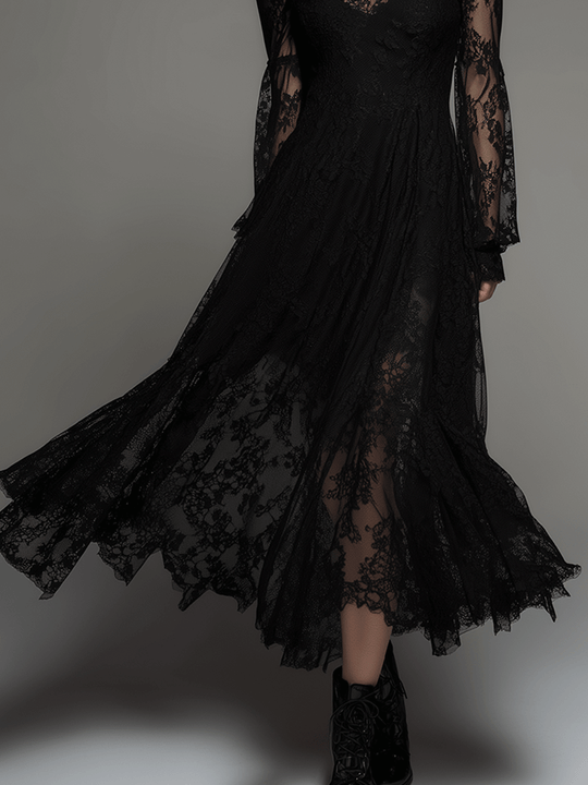 Gothic Elegance Black Victorian Lace Maxi Dress