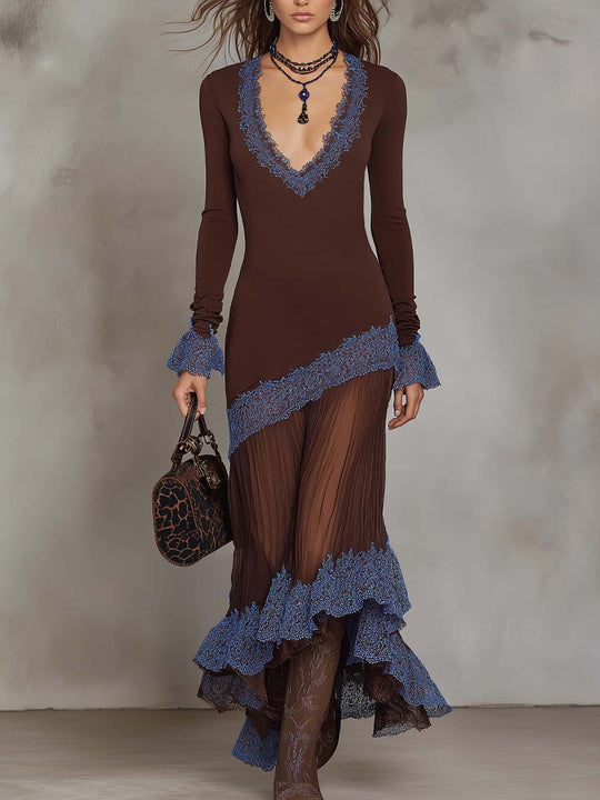 Retro Sheer Pleated Hem Lace Trim Midi Dress