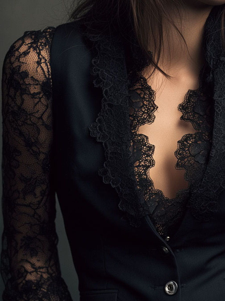 Elegant Black Lace Panel Sleeve Blazer Top Vest