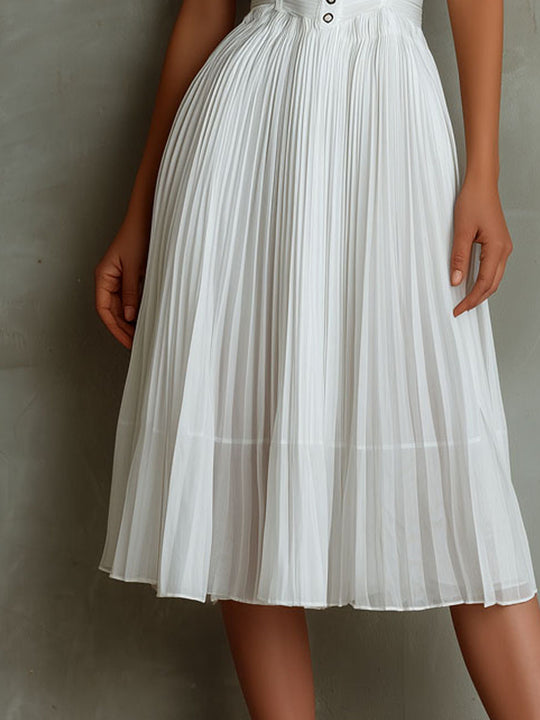 Elegant White Corset Waist Halter Pleated Midi Dress