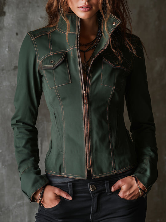 Retro Stand Collar Denim Jacket With Front Zipper And Flap Pockets