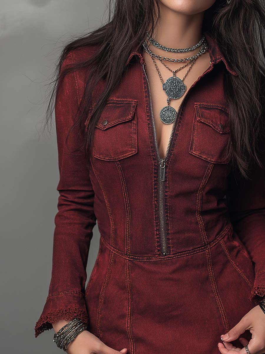 Retro Zip-up Collar Lace Hem Denim Mini Dress