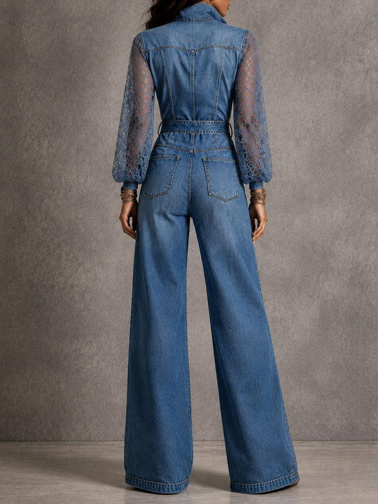 Boho Lace Puff Sleeve Collar Button Belted Wide Leg Denim Jumpsuit