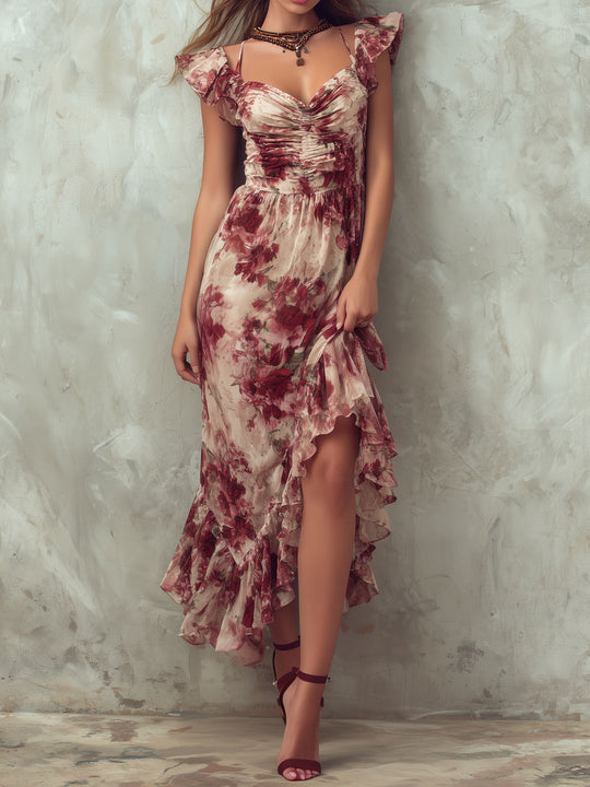 Boho Ruffled Floral Asymmetrical Hem Midi Dress