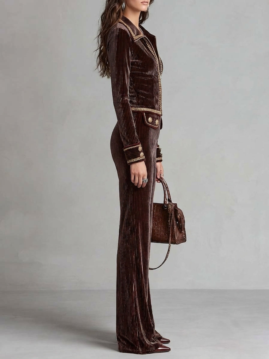 Retro Corduroy Jumpsuit With Gold-trimmed Zip-up Jacket And Flared Trousers