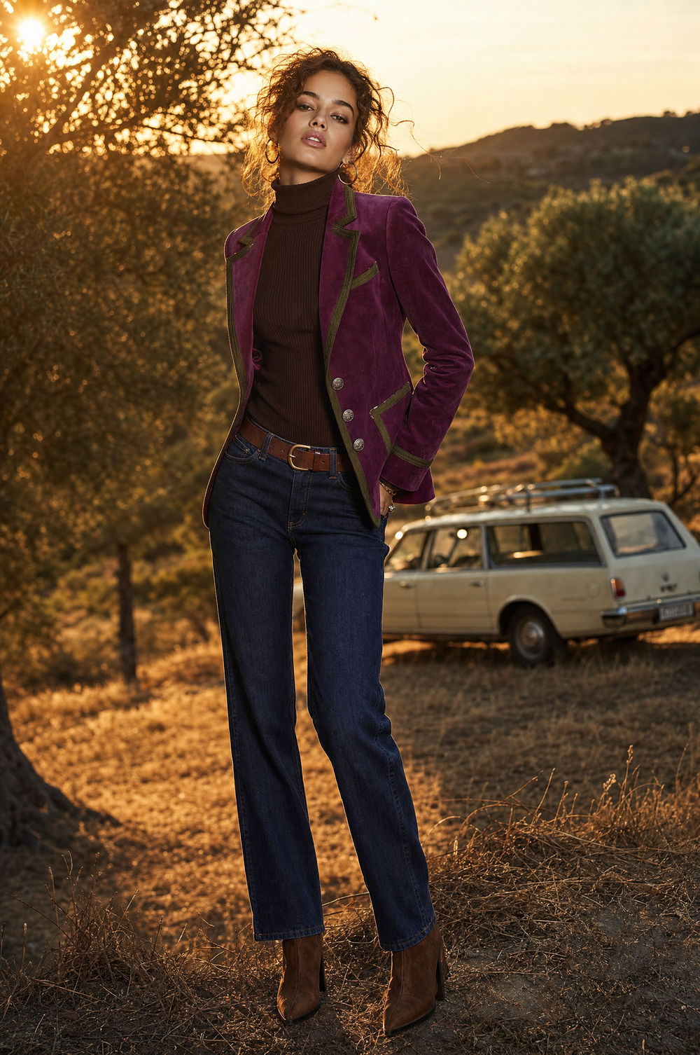Vintage Plum-colored Suede Fitted Blazer With Contrasting Piping