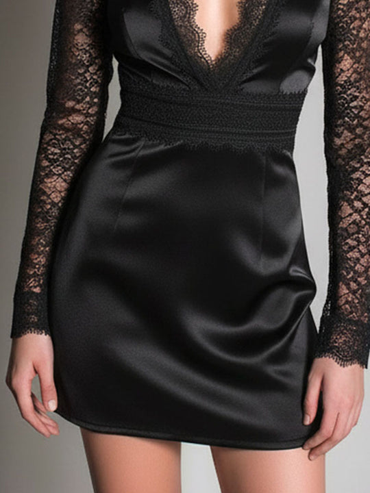 Black Satin & Lace Mini Dress – Deep V Neckline With Sheer Long Sleeves