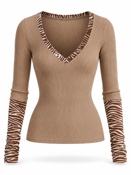 Desert Muse Zebra Trim Ribbed Top