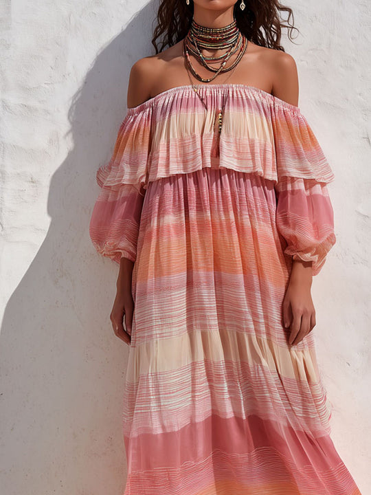 Boho Sunrise Ombre Off-Shoulder Flowing Chiffon Maxi Dress